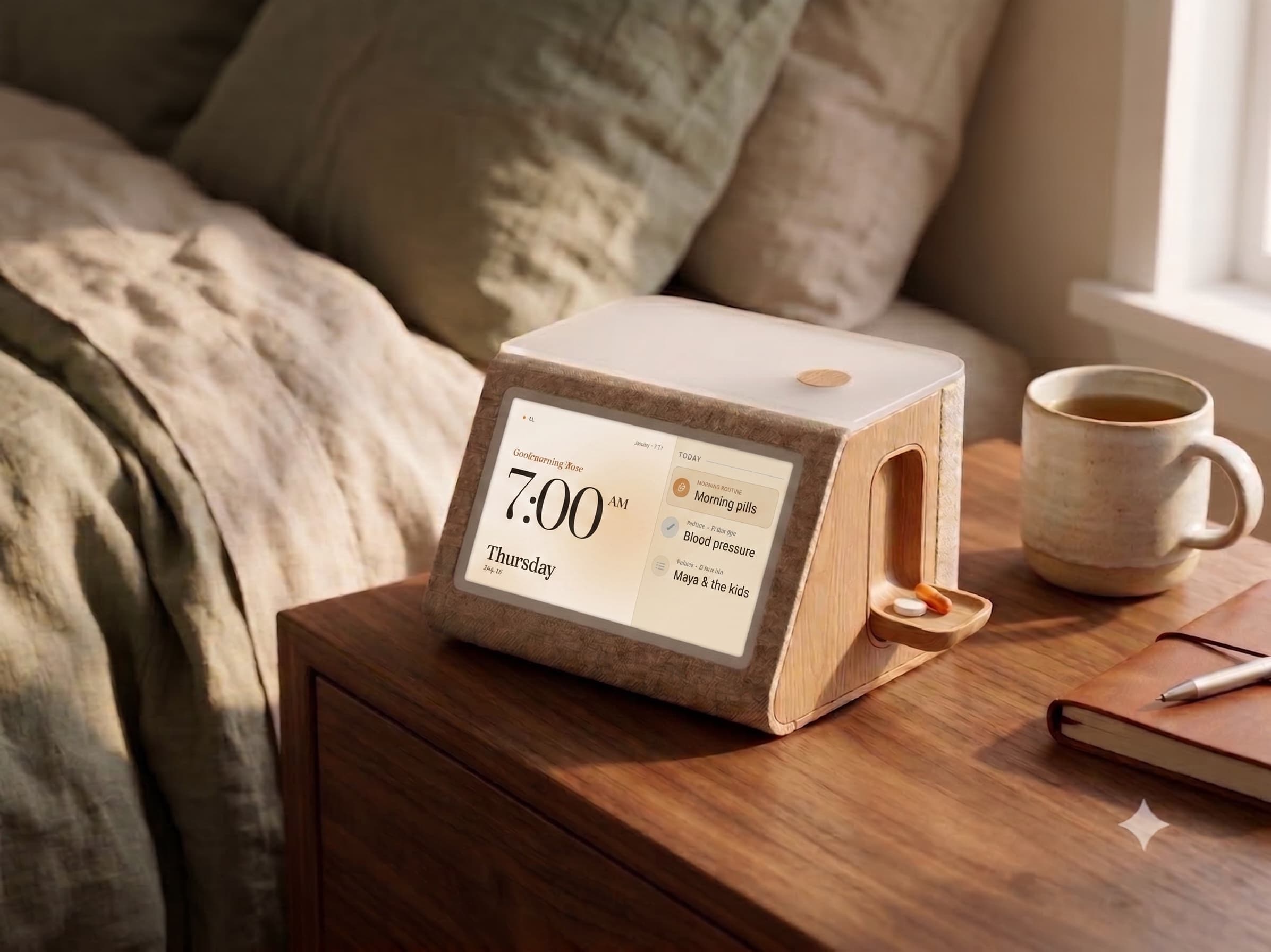 AL on a wooden nightstand at dawn: a small oak-and-felt device whose warm always-on screen shows the time, the day, and today's plans, with a little tray holding the morning's pills, beside a mug of tea.
