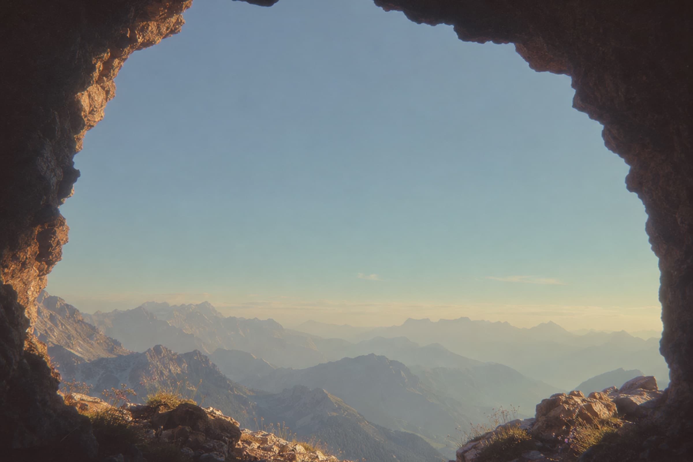 The view from a cave mouth at first light, looking out over hazy blue-grey mountain ridges that fade to gold at the horizon.